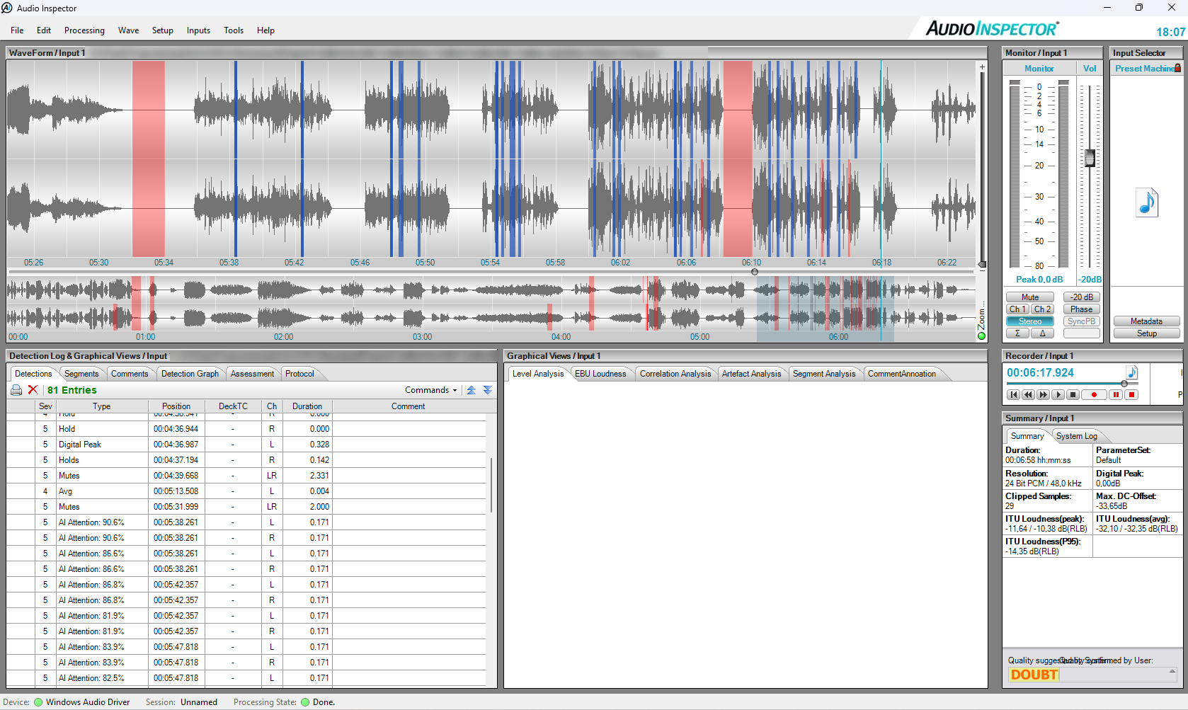 AudioInspector with AI Attention detections listed in the detection log and marked in the waveform